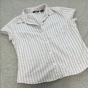 Eddie Bauer Seersucker Plaid Top Medium Pastel Button Coastal Cowgirl